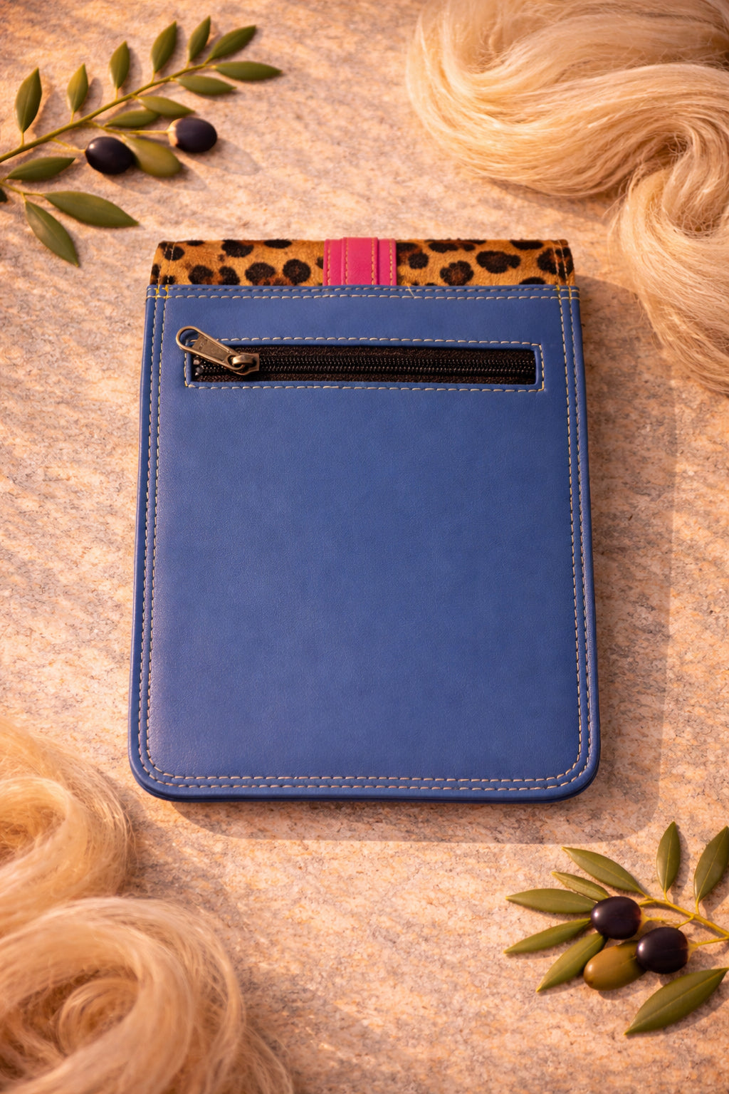 Handmade Leather Crossbody Bag - Alba in Capri Blue with leopard print flap and pink stripe.