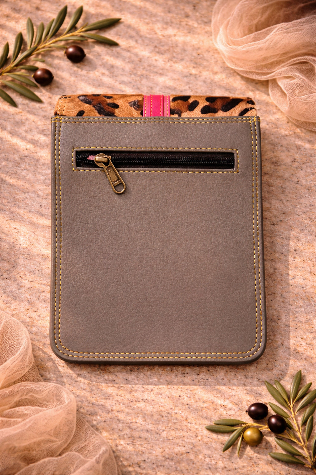 Handmade Leather Crossbody Bag with leopard print flap and pink body, stylish and practical for everyday use.