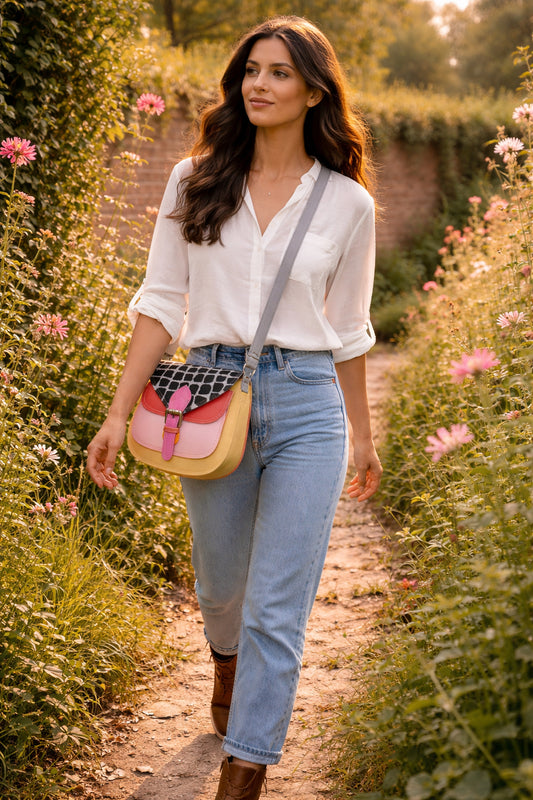 Handmade Leather Crossbody Bag in vibrant colors with unique patterns and a stylish buckle closure.