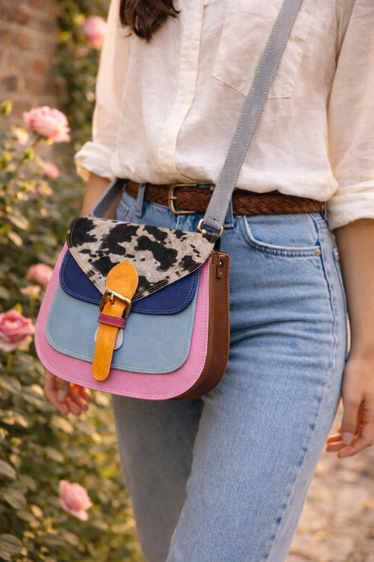 Handmade Leather Crossbody Bag in vibrant colors with multi-tone leather panels.