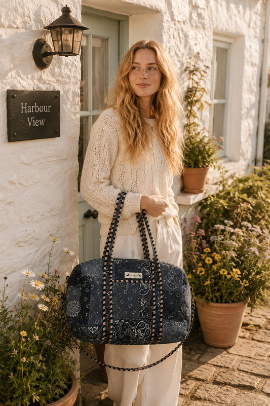 Handmade Duffle Bag - The Indria - Postcards from the Coast in lavender quilted fabric with patchwork design.