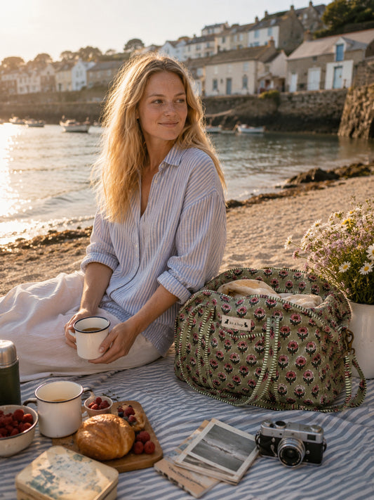 Handmade duffle bag featuring a floral pattern in soft quilted cotton, perfect for travel and everyday use.