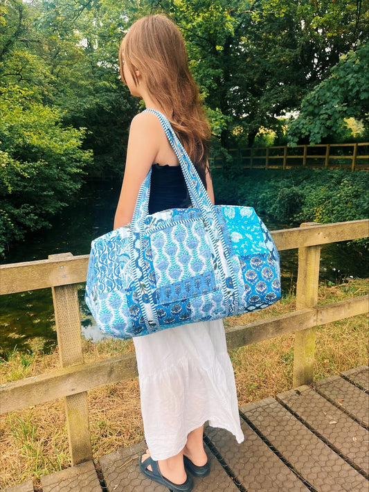 Handmade patchwork DUFFLE bag – The Indria sustainable travel duffle bag