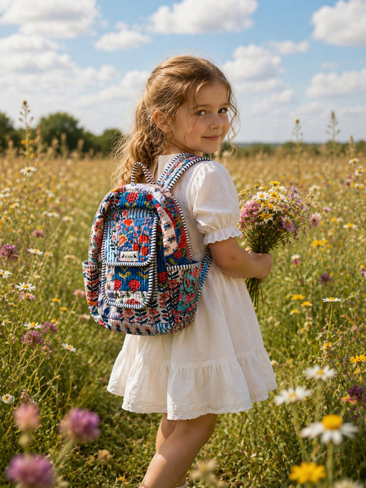 Kids Mini Backpack - Sienna in Meadow Mist, handmade, quilted cotton, unique floral design perfect for little explorers.