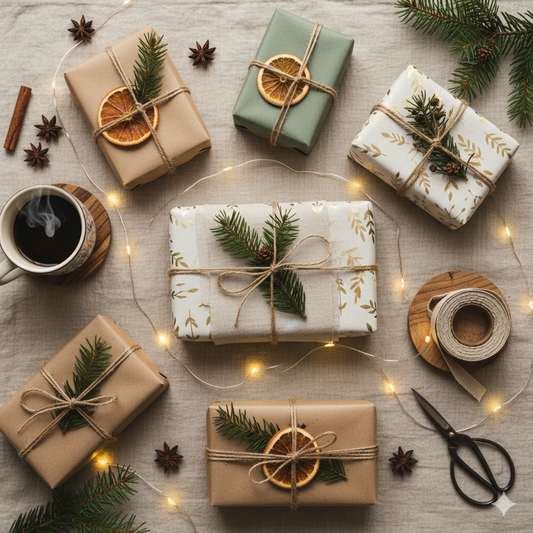 handmade bags Christmas gift for her beautifully wrapped with natural decorations and holiday elements.