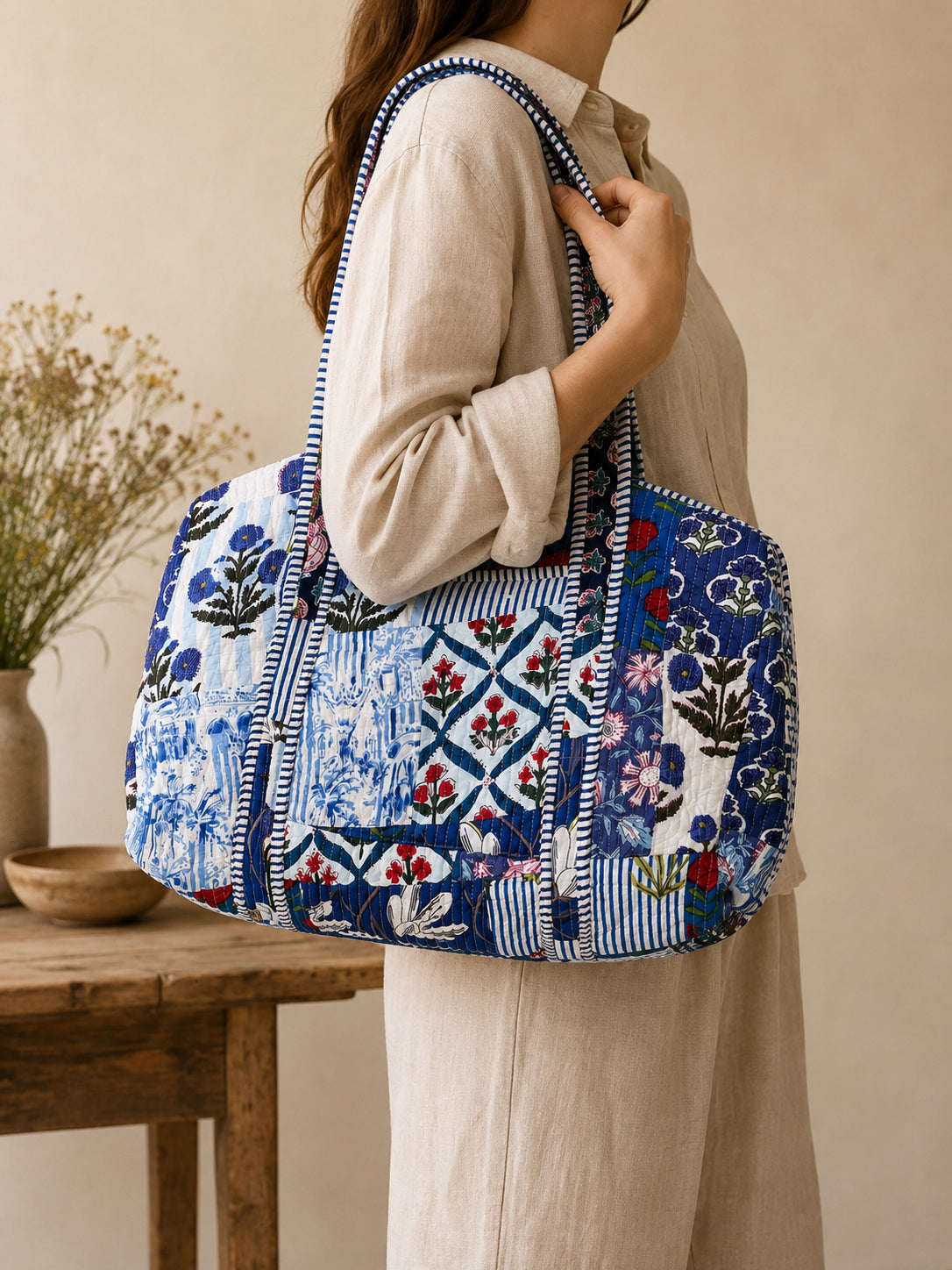 Handmade Duffle Bag - The Indria - Patchwork and Postcards - Skye