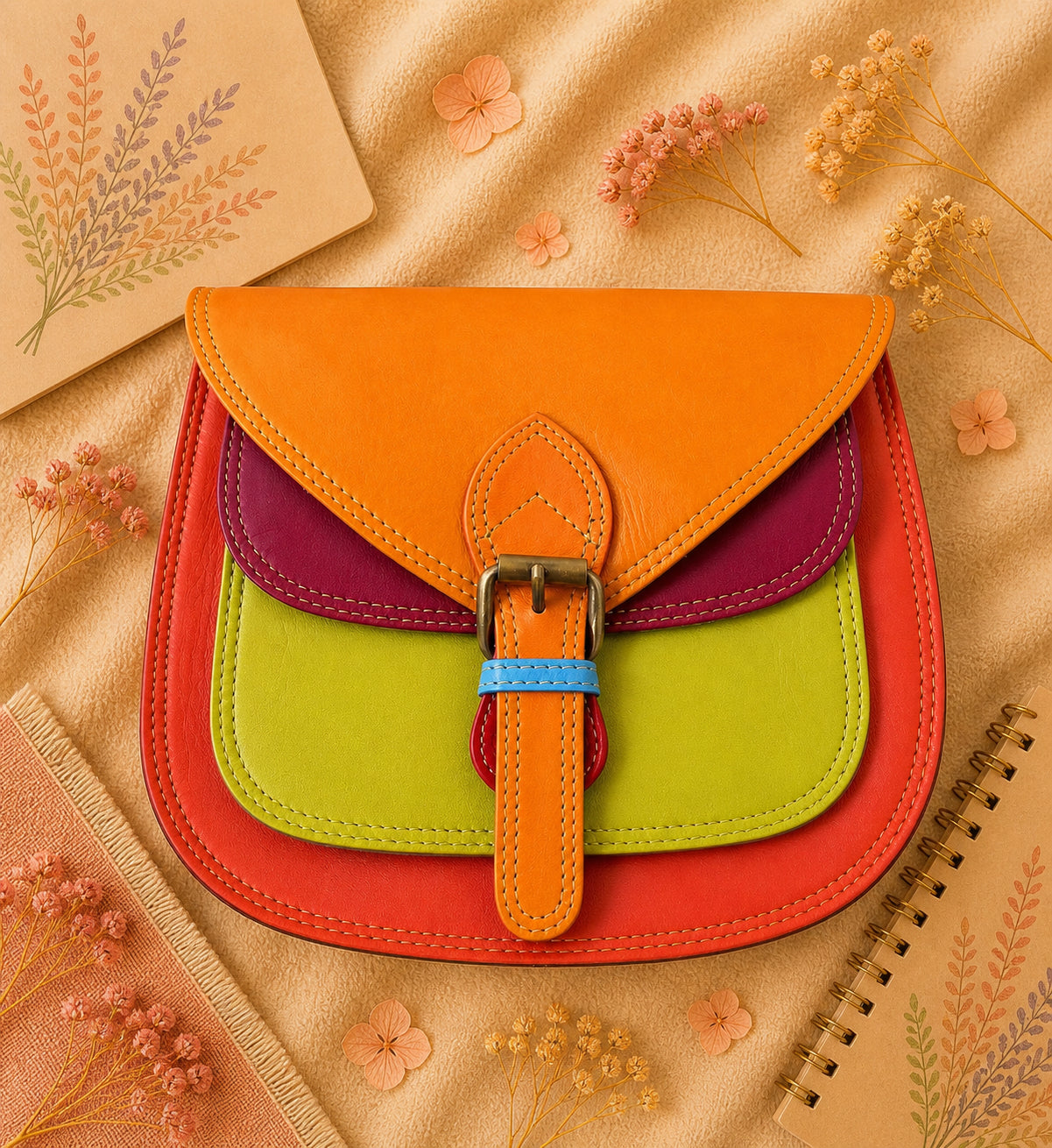 A Handmade Leather Crossbody Bag with vibrant colors, featuring an orange, green, and purple design, surrounded by floral accents.