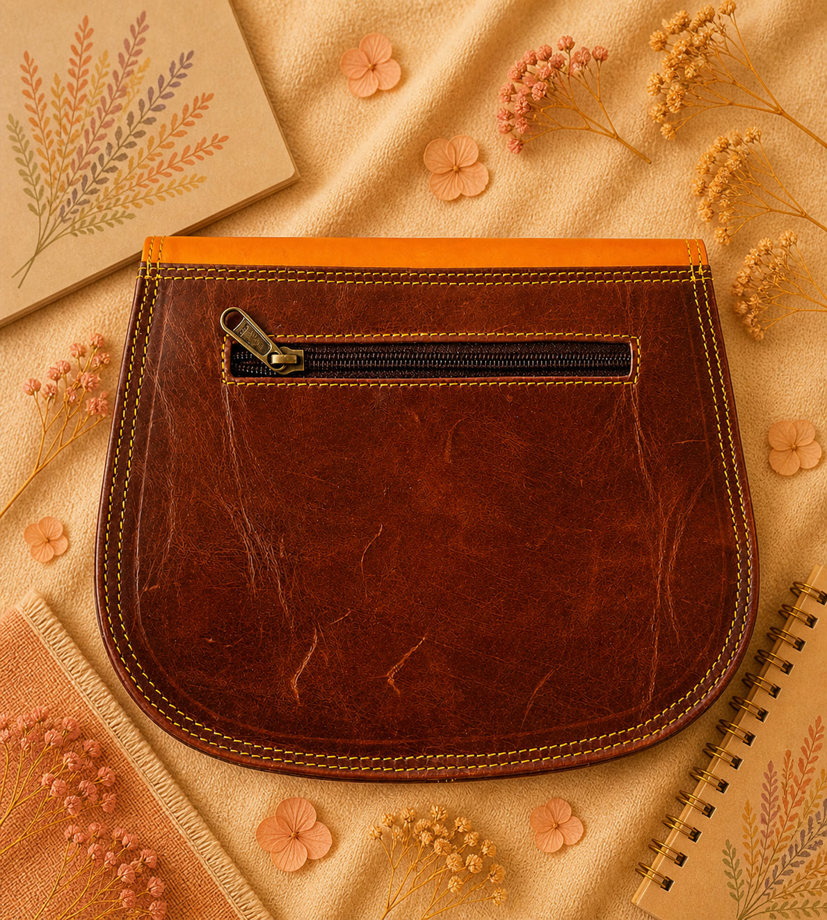 A Handmade Leather Crossbody Bag with vibrant colors, featuring an orange, green, and purple design, surrounded by floral accents.