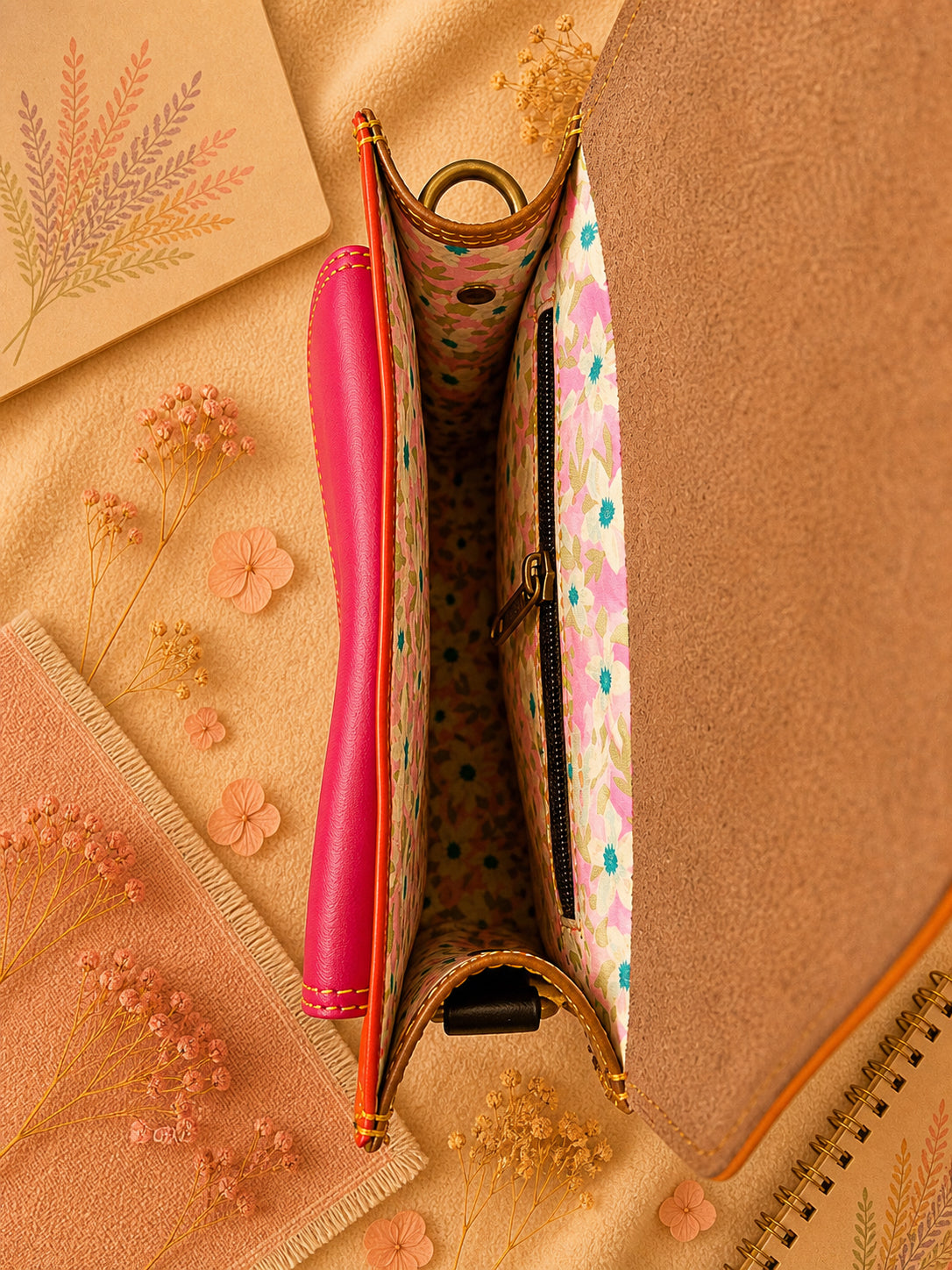 A Handmade Leather Crossbody Bag with vibrant colors, featuring an orange, green, and purple design, surrounded by floral accents.