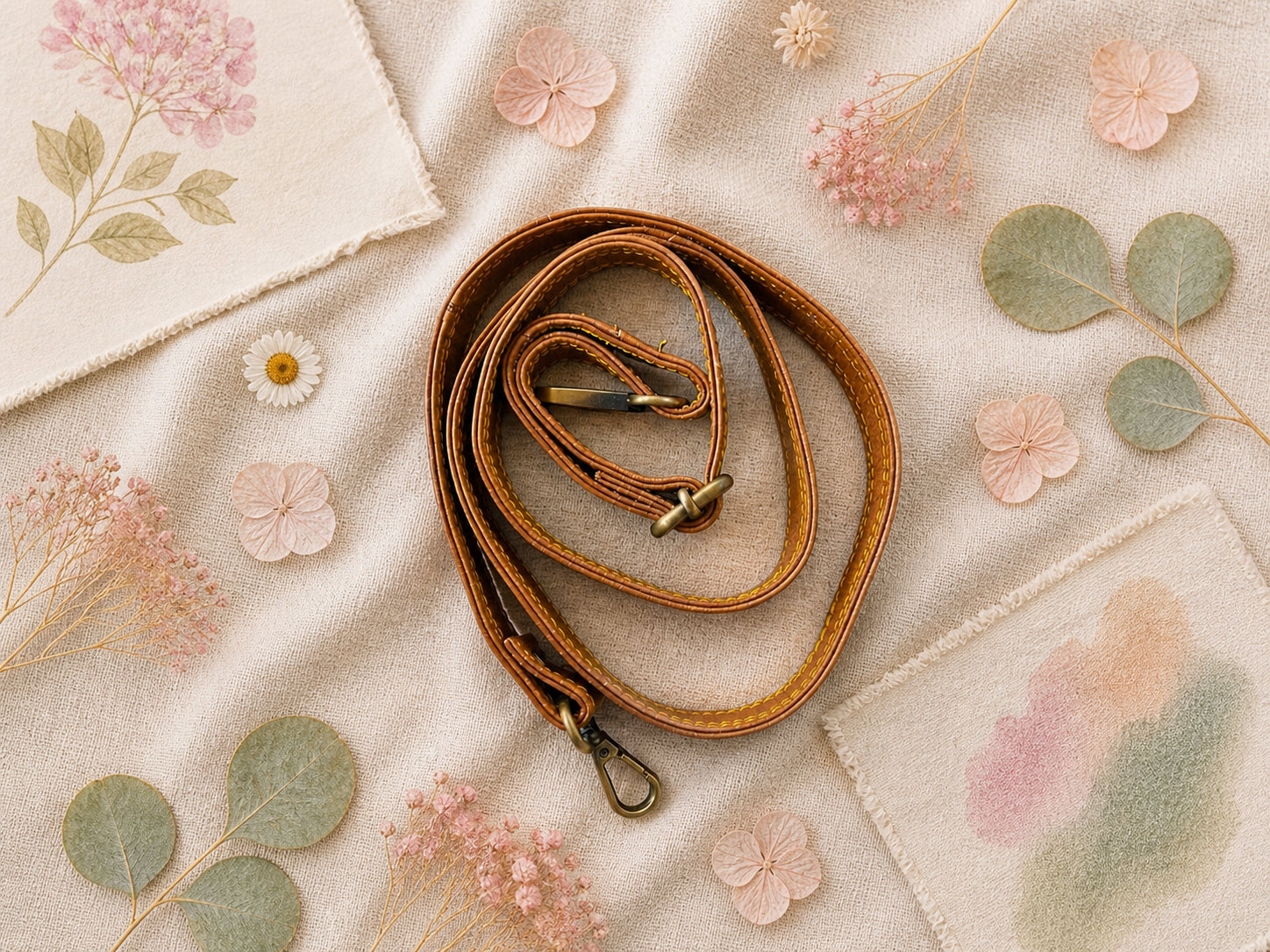 Handmade Leather Crossbody Bag - Romy in a model's hands, showcasing its unique design and vibrant colors against a floral backdrop.