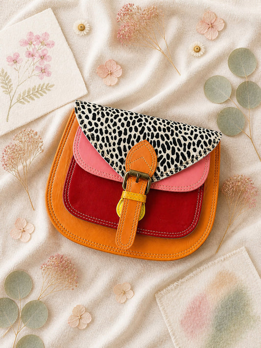 Handmade Leather Crossbody Bag - Romy in a model's hands, showcasing its unique design and vibrant colors against a floral backdrop.