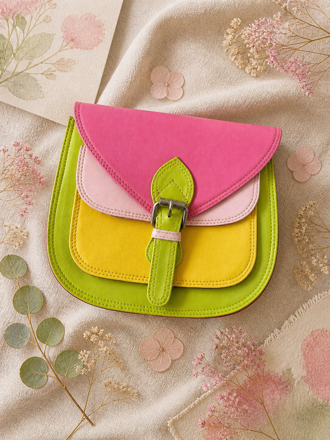 Handmade Leather Crossbody Bag - Romy in vibrant pink, yellow and green, beautifully crafted from recycled leather.