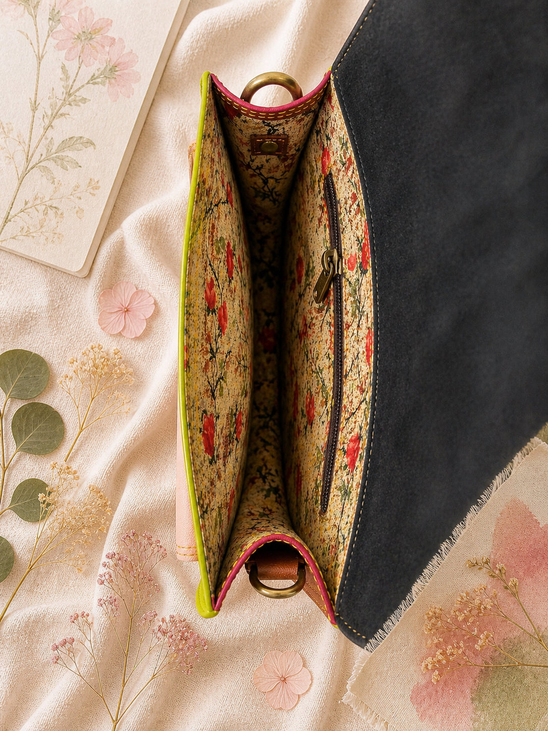 Handmade Leather Crossbody Bag - Romy in vibrant pink, yellow and green, beautifully crafted from recycled leather.