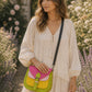 Handmade Leather Crossbody Bag - Romy in vibrant pink, yellow and green, beautifully crafted from recycled leather.