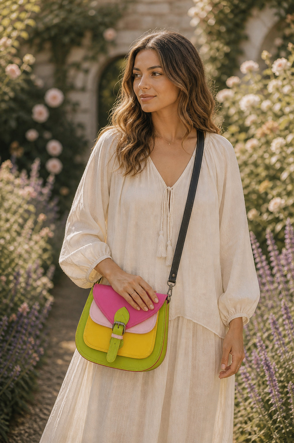 Handmade Leather Crossbody Bag - Romy in vibrant pink, yellow and green, beautifully crafted from recycled leather.