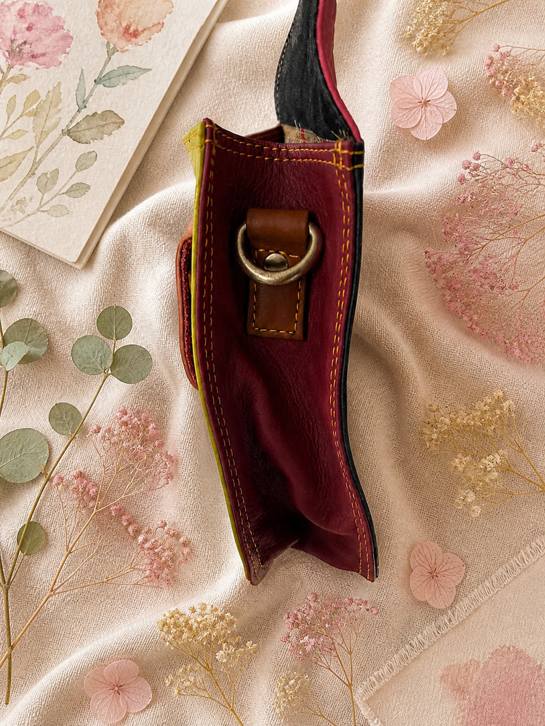 Handmade Leather Crossbody Bag - Romy in vibrant pink, yellow and green, beautifully crafted from recycled leather.