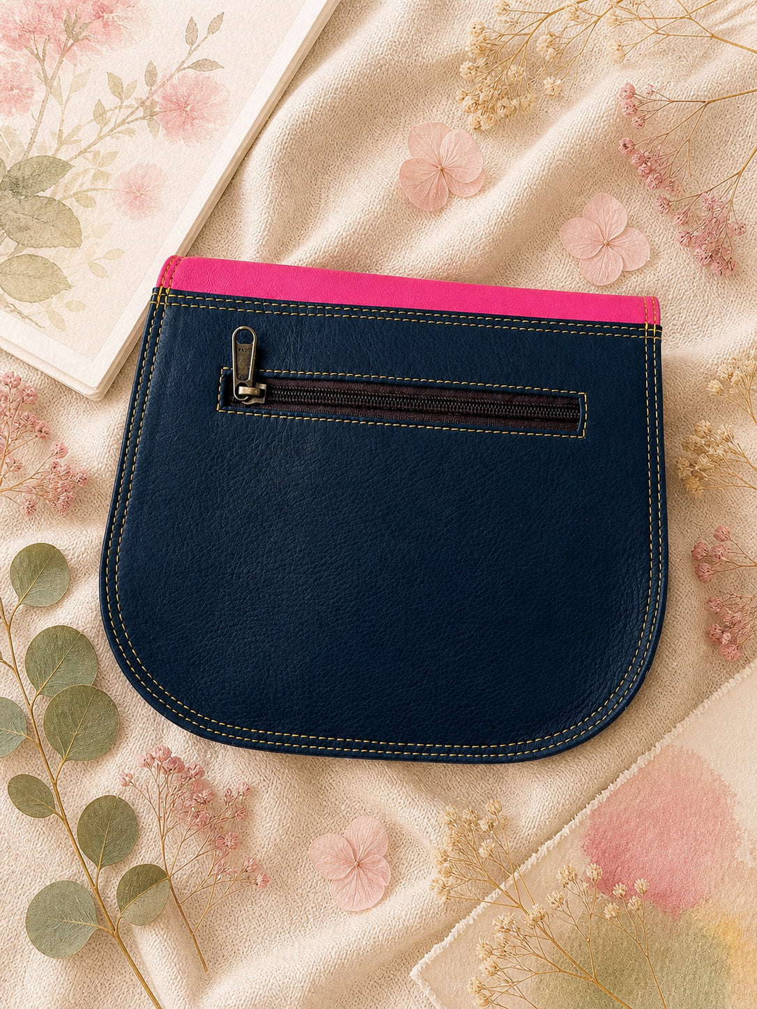 Handmade Leather Crossbody Bag - Romy in vibrant pink, yellow and green, beautifully crafted from recycled leather.