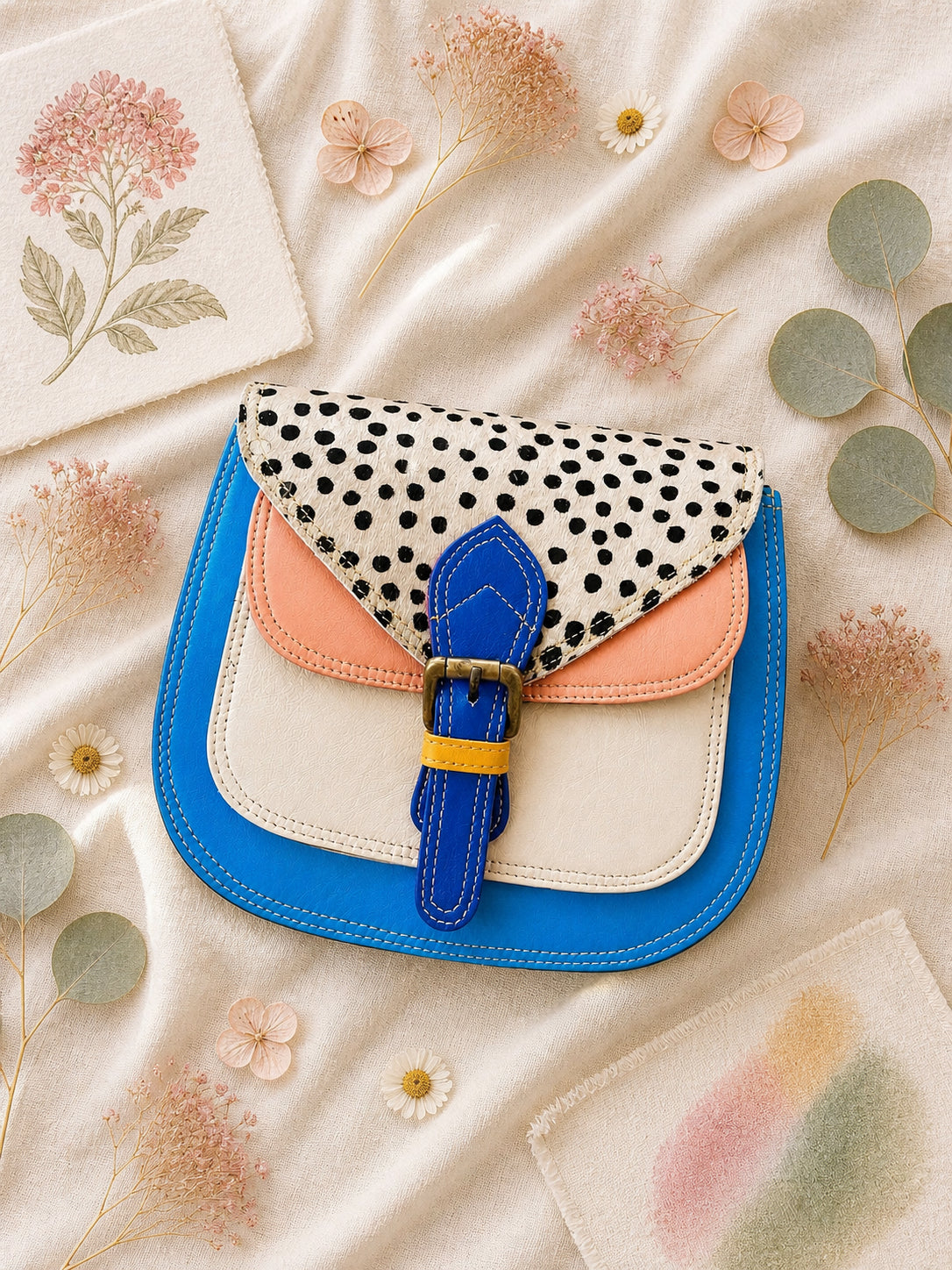 Handmade Leather Crossbody Bag - Romy - Painted Garden - Celeste on a soft background with dried flowers.
