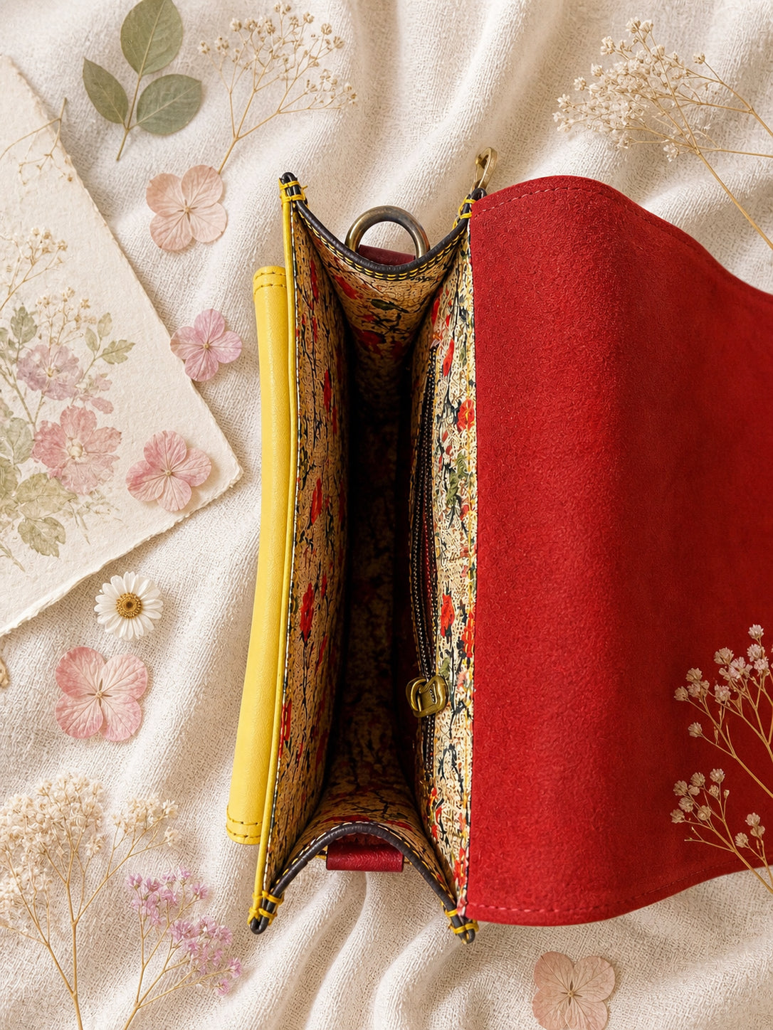 Handmade Leather Crossbody Bag - Romy - Painted Garden - Citrine on a soft background with dried flowers.