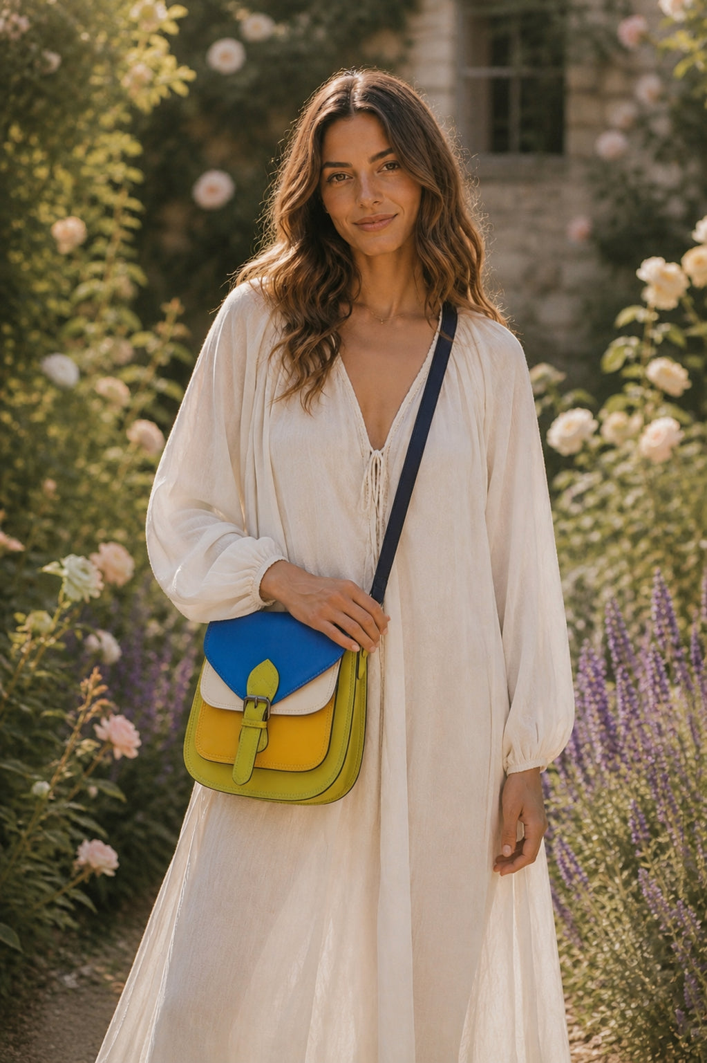 Handmade Leather Crossbody Bag - Romy - Painted Garden - Citrine on a soft background with dried flowers.