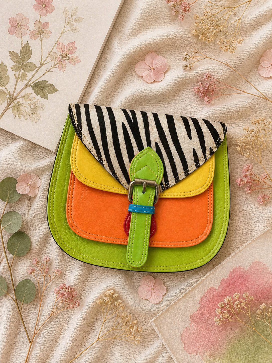 Handmade Leather Crossbody Bag with vibrant colors and zebra print flap on a floral background.
