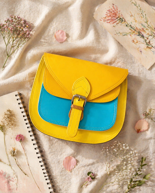 Handmade Leather Crossbody Bag - Romy in yellow and blue, surrounded by flowers and sketchbook.