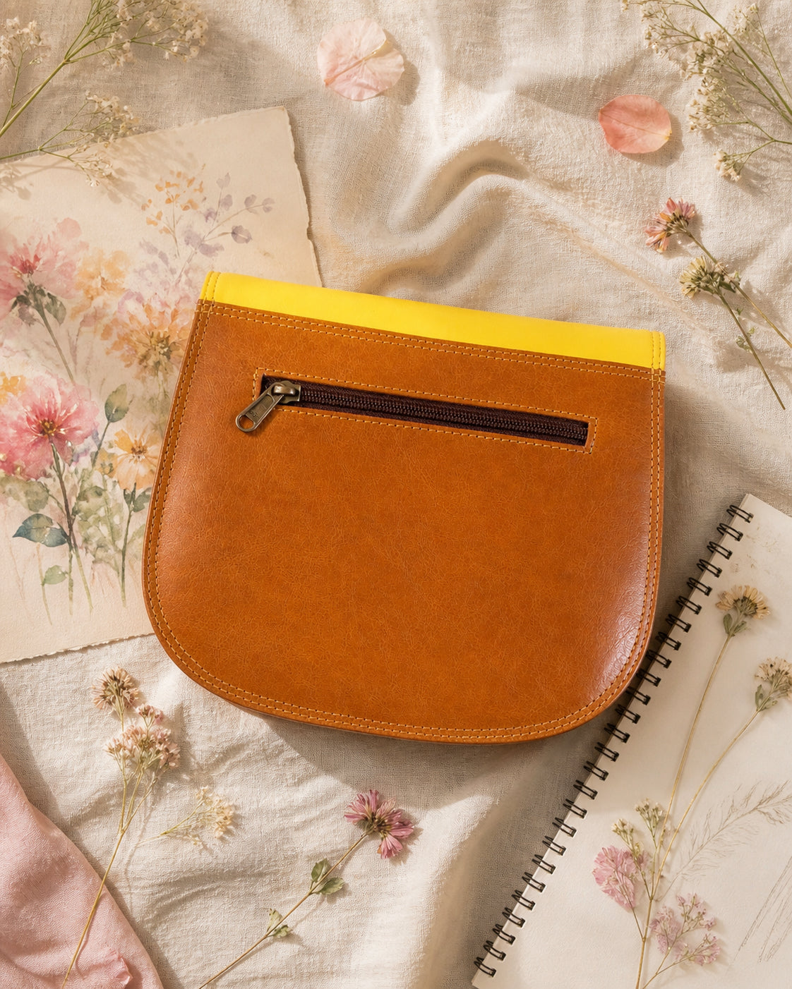 Handmade Leather Crossbody Bag - Romy in yellow and blue, surrounded by flowers and sketchbook.