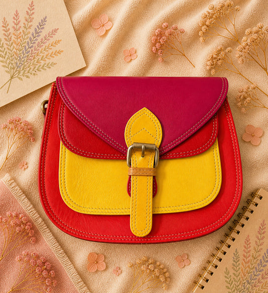 Handmade Leather Crossbody Bag in vibrant red and yellow with floral background.
