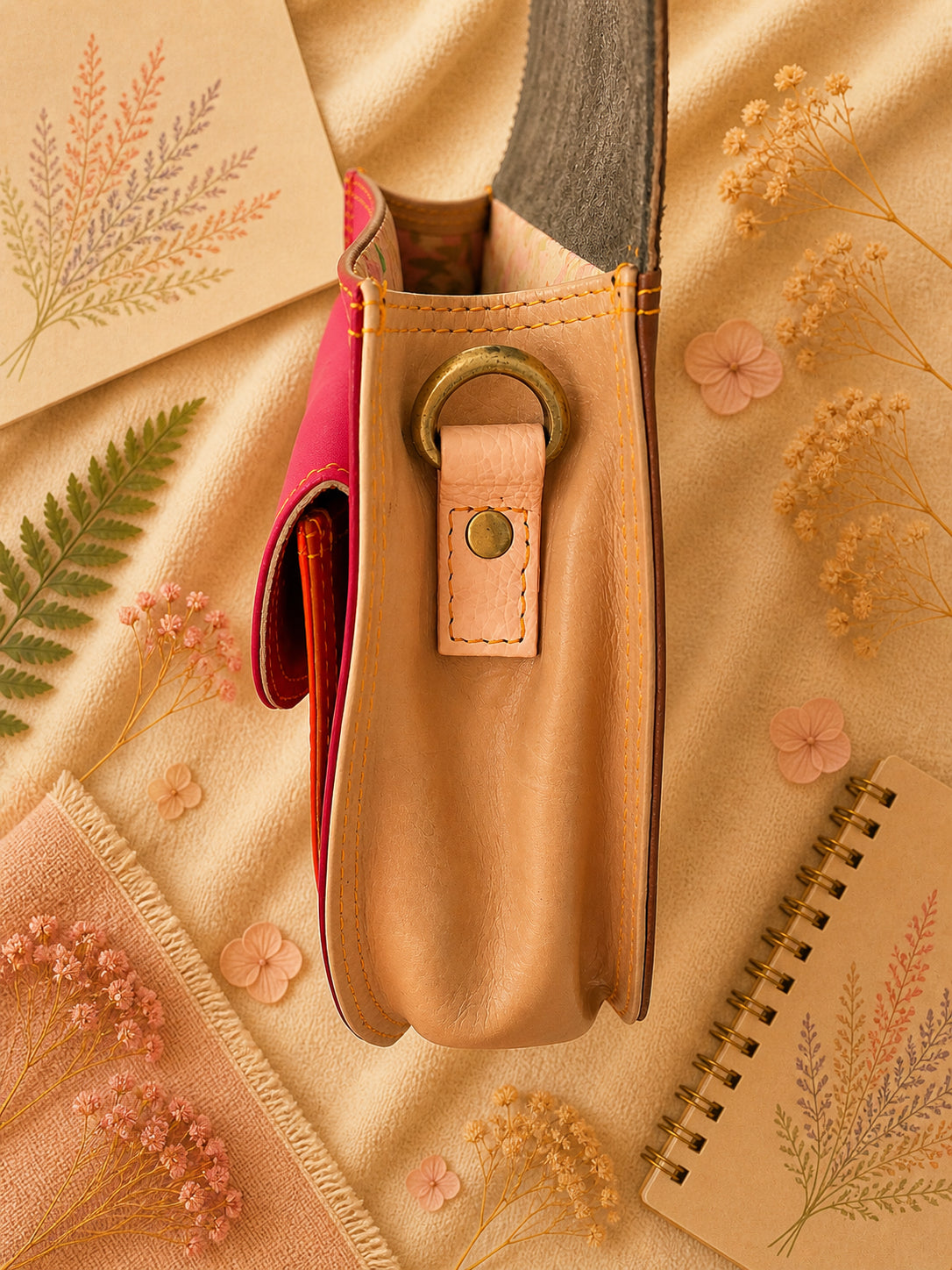 Handmade Leather Crossbody Bag in vibrant red and yellow with floral background.