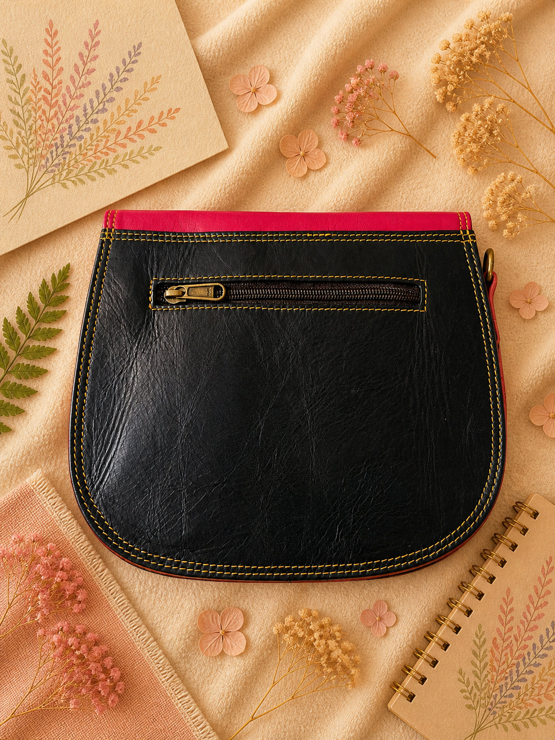 Handmade Leather Crossbody Bag in vibrant red and yellow with floral background.