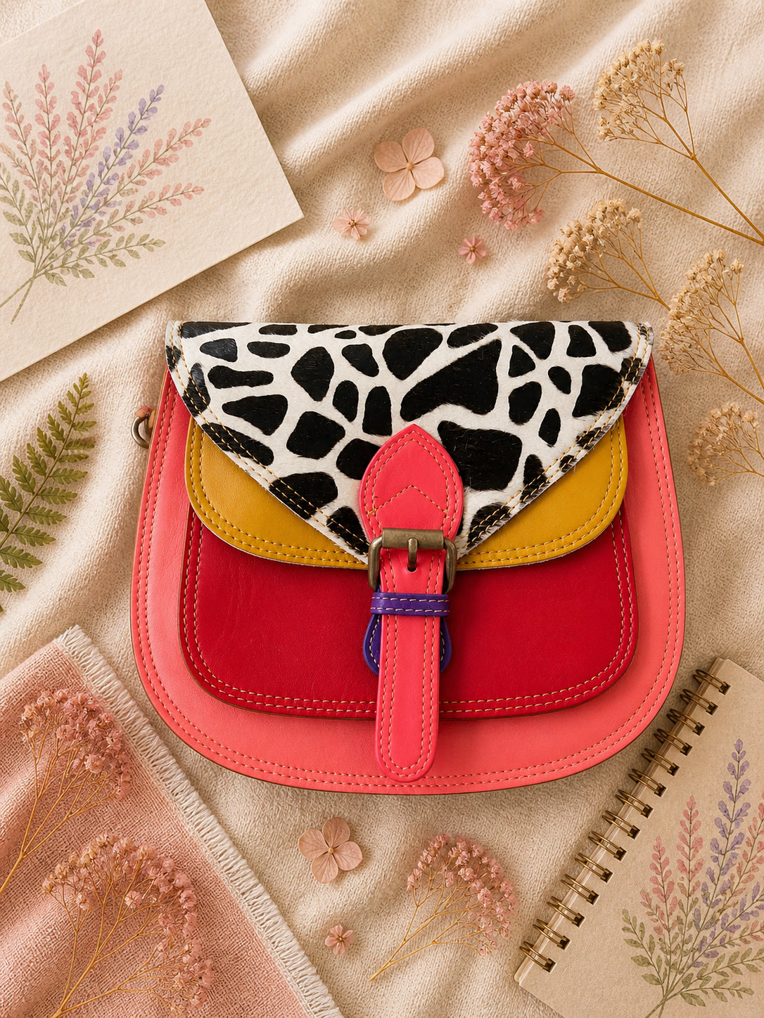 Handmade Leather Crossbody Bag featuring a vibrant painted design with pink, yellow, and animal print accents.