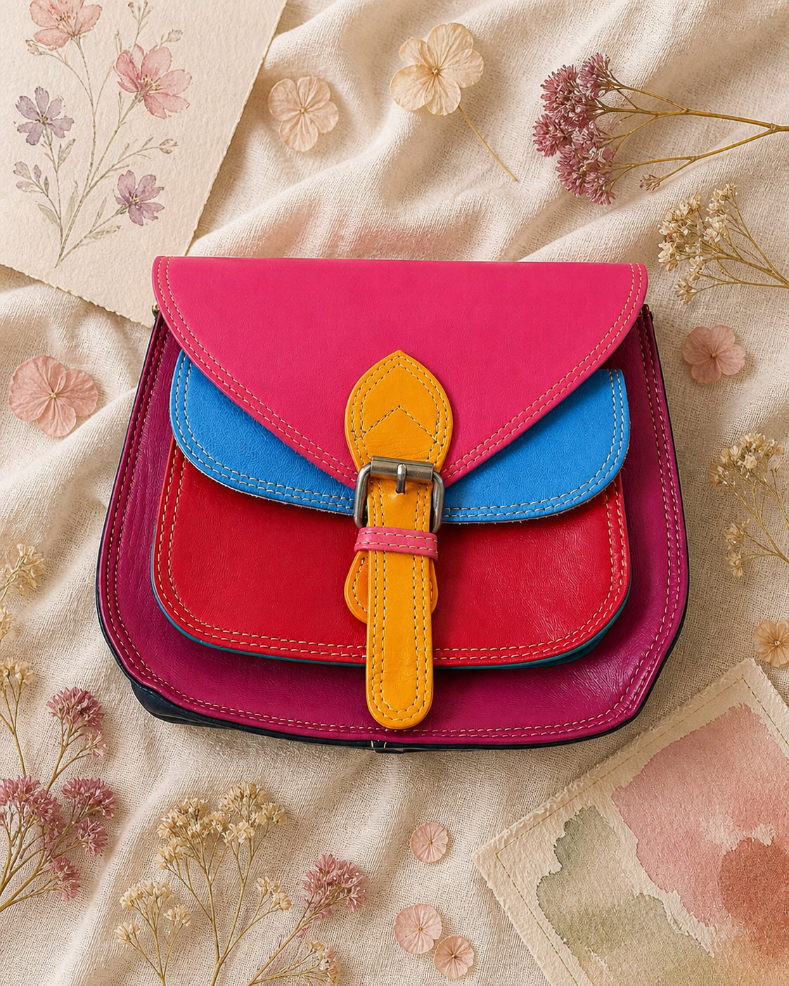 Handmade Leather Crossbody Bag in vibrant fuchsia, blue, and red colors, featuring a stylish buckle detail on a floral background.