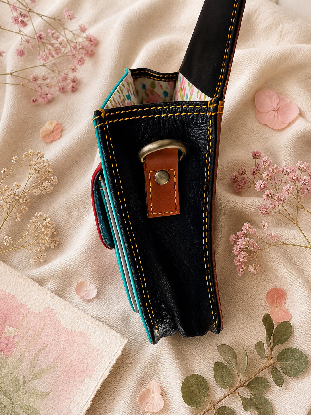 Handmade Leather Crossbody Bag featuring vibrant colors and leopard print flap design, perfect for stylish everyday use.