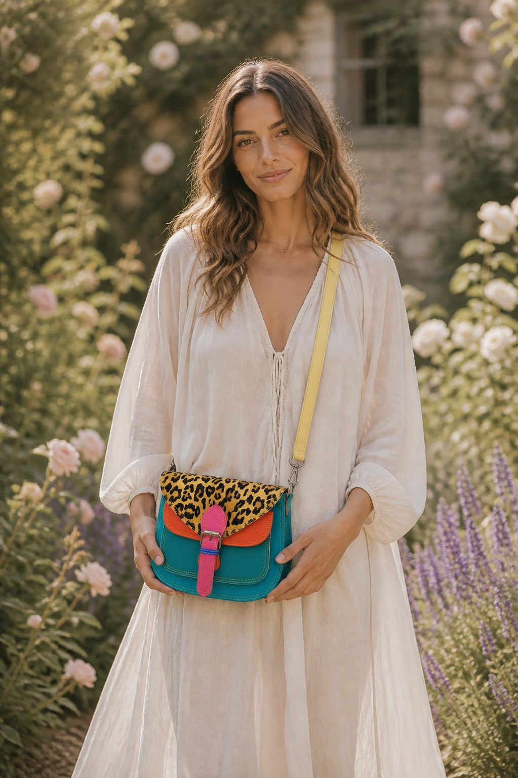 Handmade Leather Crossbody Bag featuring vibrant colors and leopard print flap design, perfect for stylish everyday use.