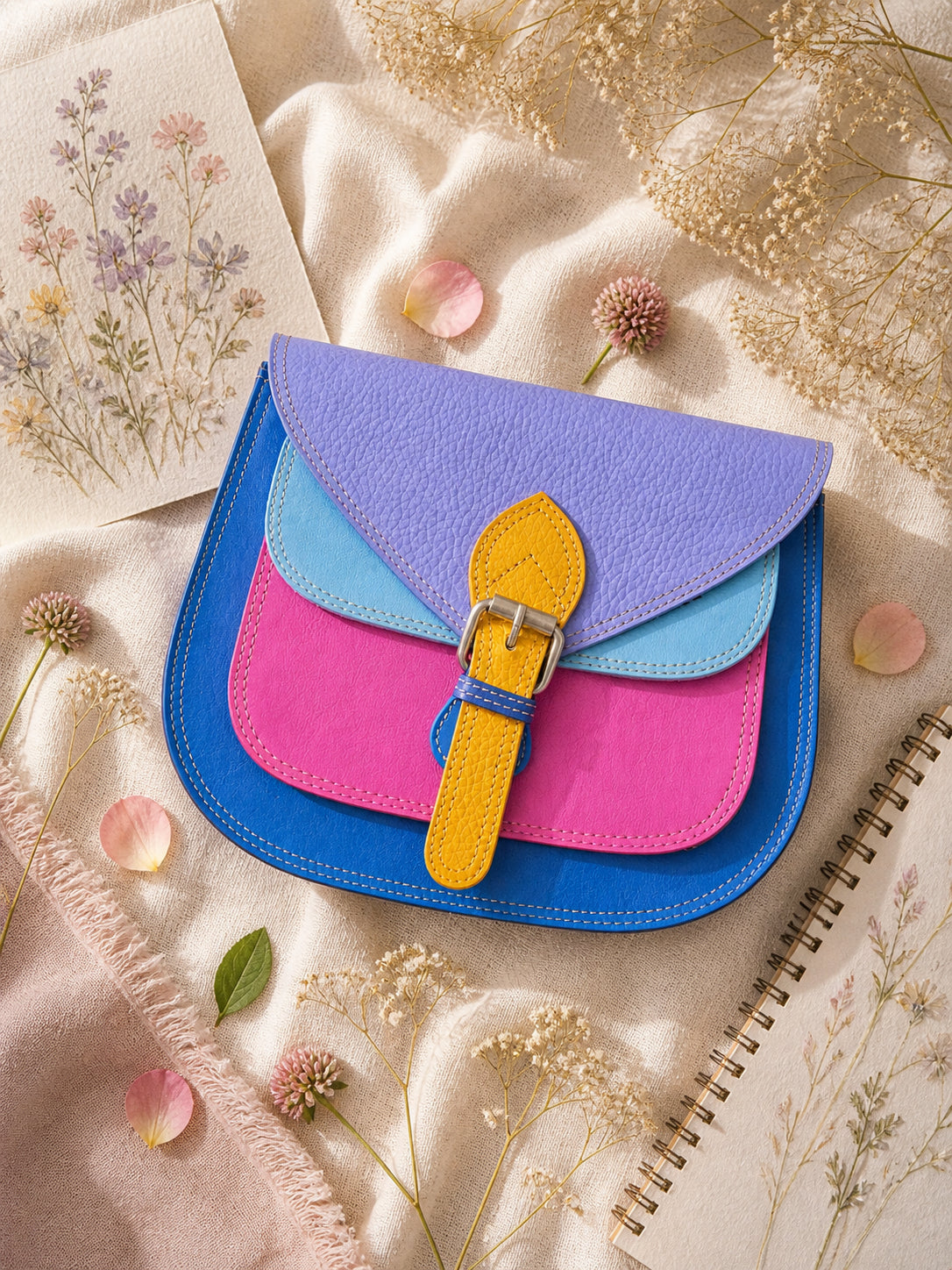 Handmade Leather Crossbody Bag in vibrant colors with pink, blue, and yellow hues, resting on a soft fabric backdrop.