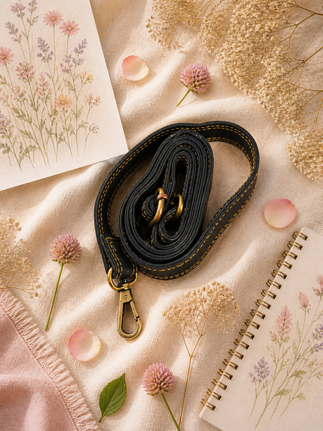 Handmade Leather Crossbody Bag in vibrant colors with pink, blue, and yellow hues, resting on a soft fabric backdrop.