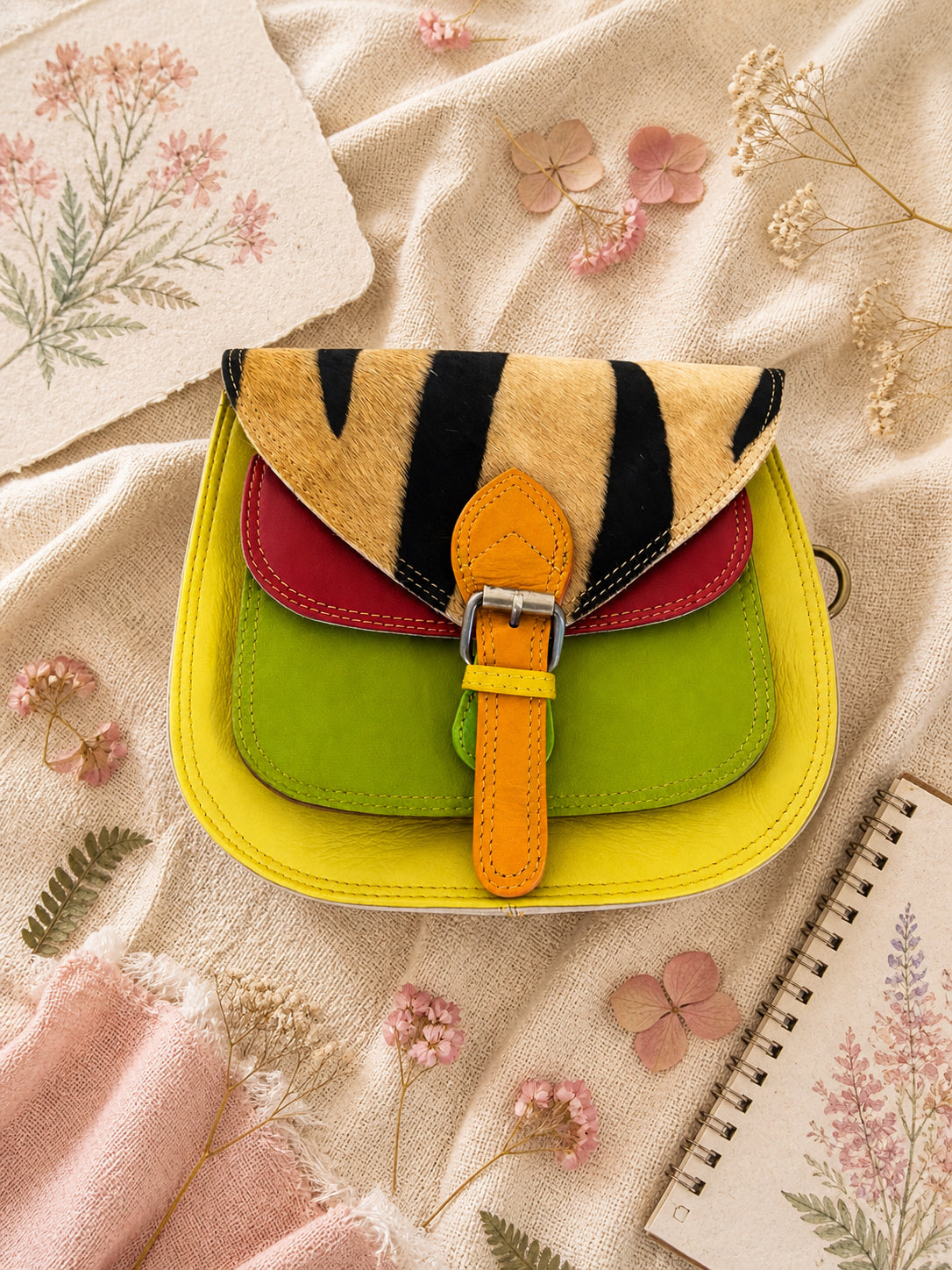 Handmade Leather Crossbody Bag - Romy - Painted Garden - Marigold on a textured background with floral elements.