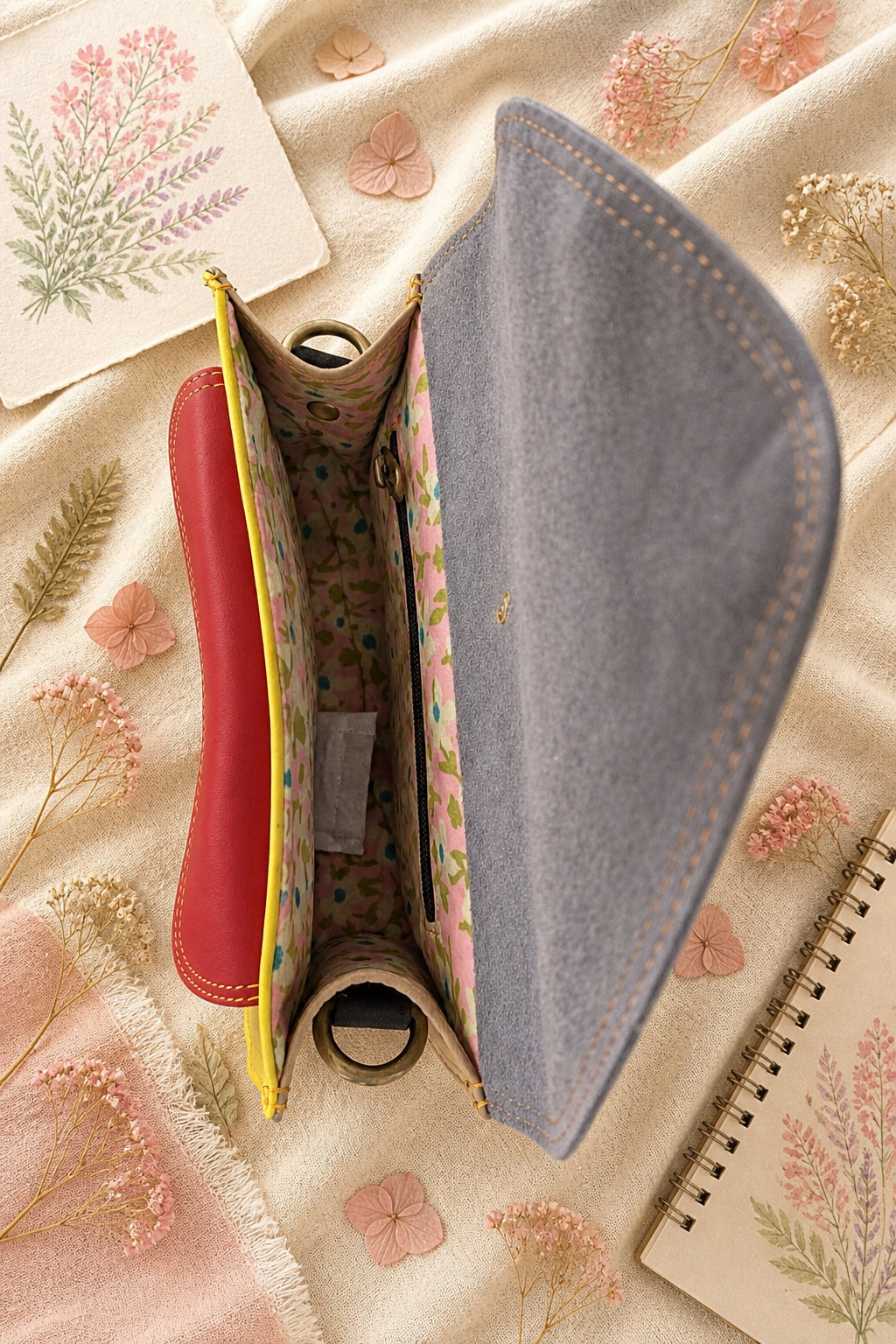 Handmade Leather Crossbody Bag - Romy - Painted Garden - Marigold on a textured background with floral elements.