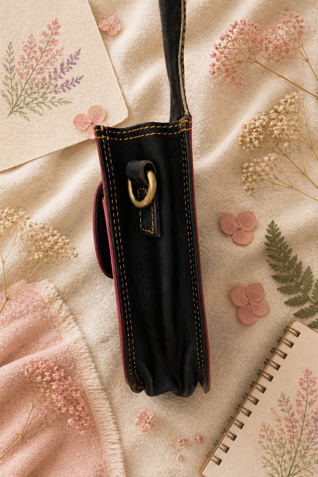 Handmade Leather Crossbody Bag - Romy - Painted Garden - Marigold on a textured background with floral elements.