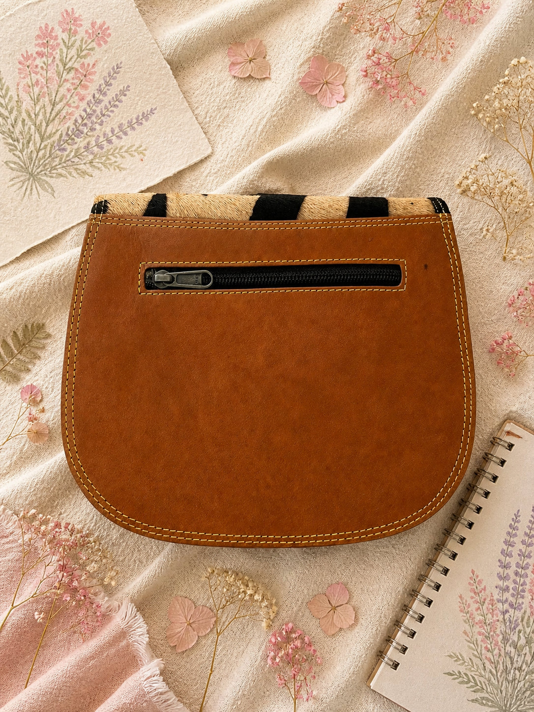 Handmade Leather Crossbody Bag - Romy - Painted Garden - Marigold on a textured background with floral elements.