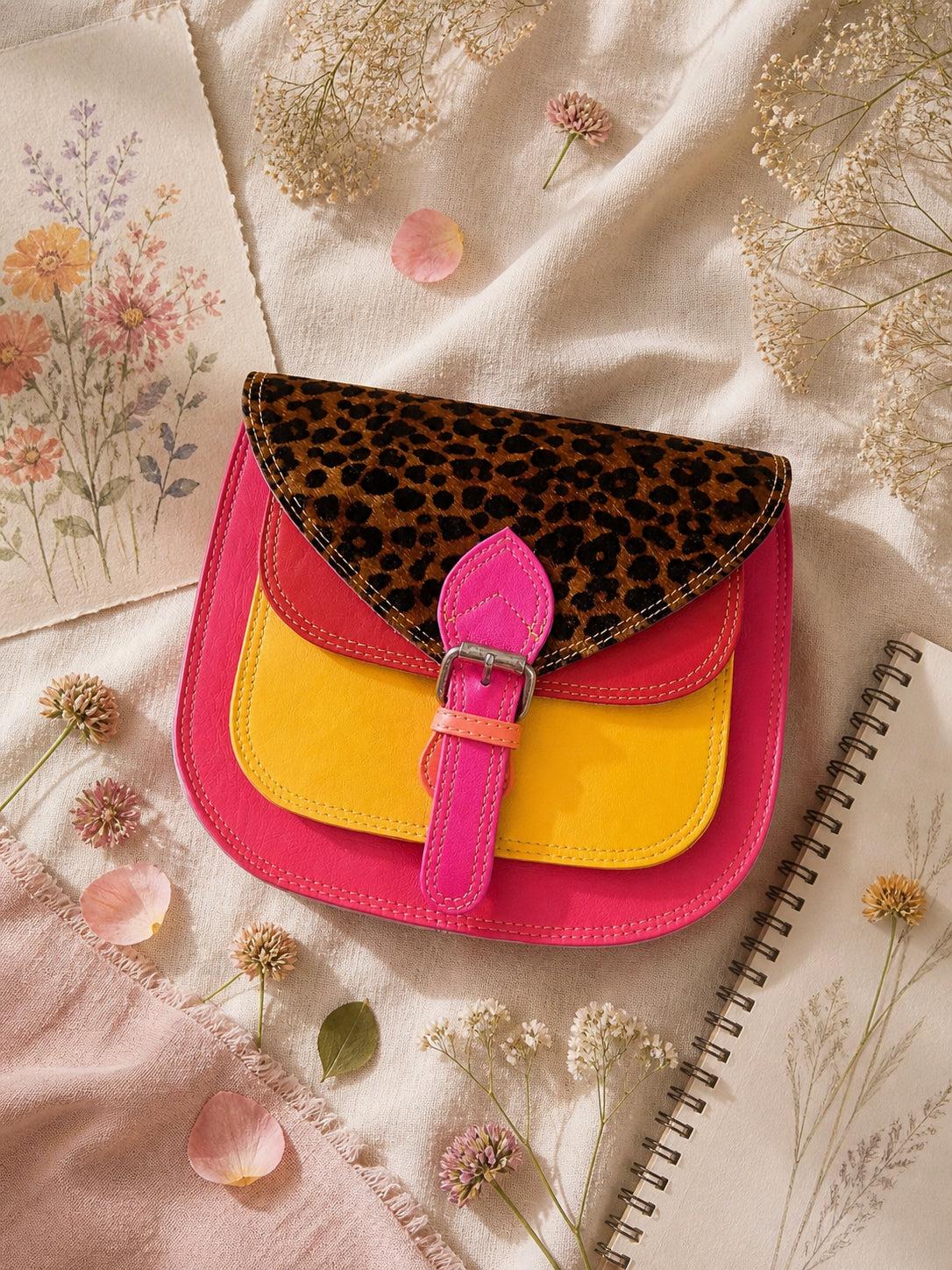 Handmade Leather Crossbody Bag - Romy - Painted Garden -Mimosa in vibrant colors with a leopard print flap.