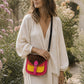 Handmade Leather Crossbody Bag - Romy - Painted Garden -Mimosa in vibrant colors with a leopard print flap.