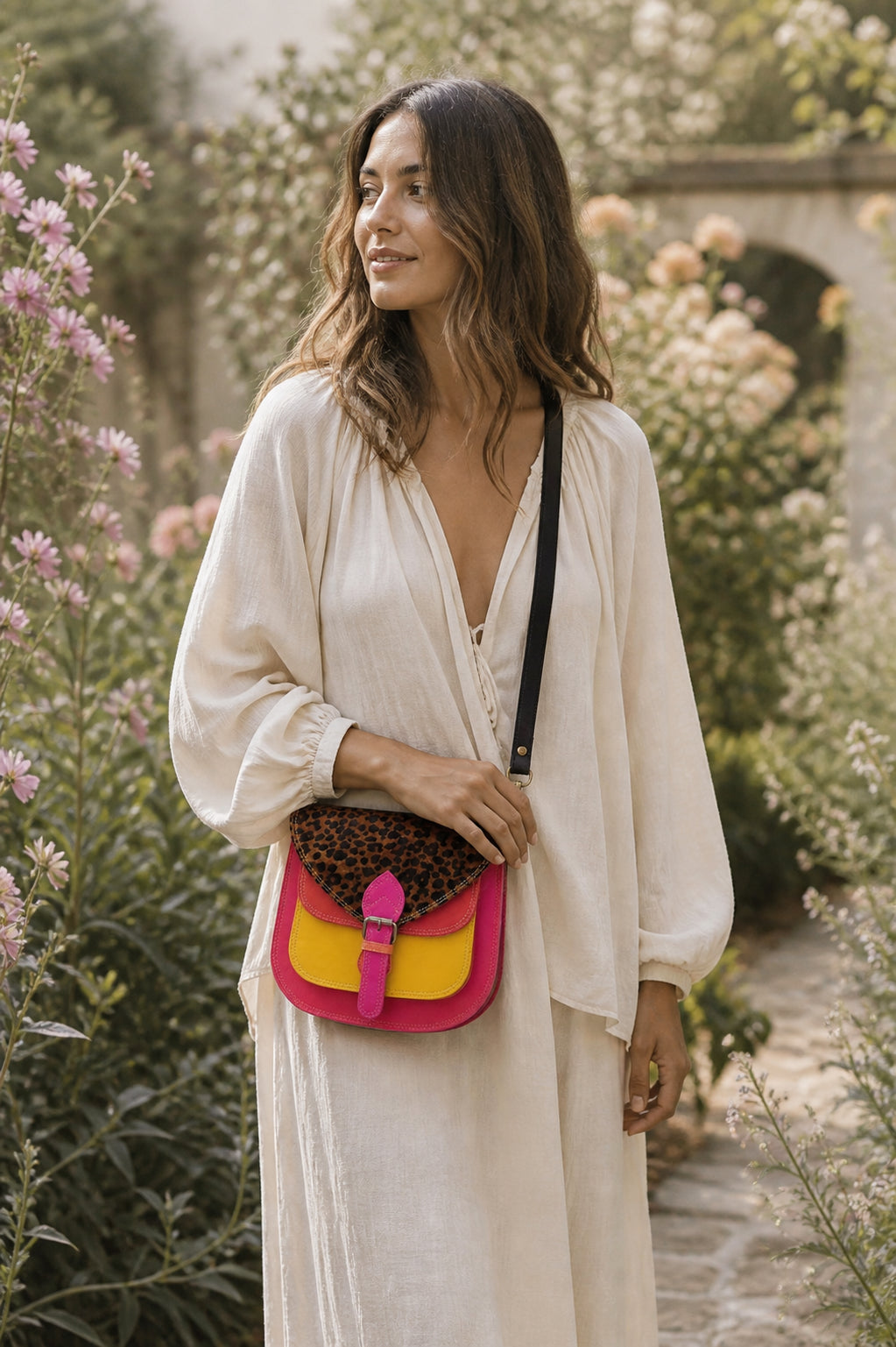 Handmade Leather Crossbody Bag - Romy - Painted Garden -Mimosa in vibrant colors with a leopard print flap.
