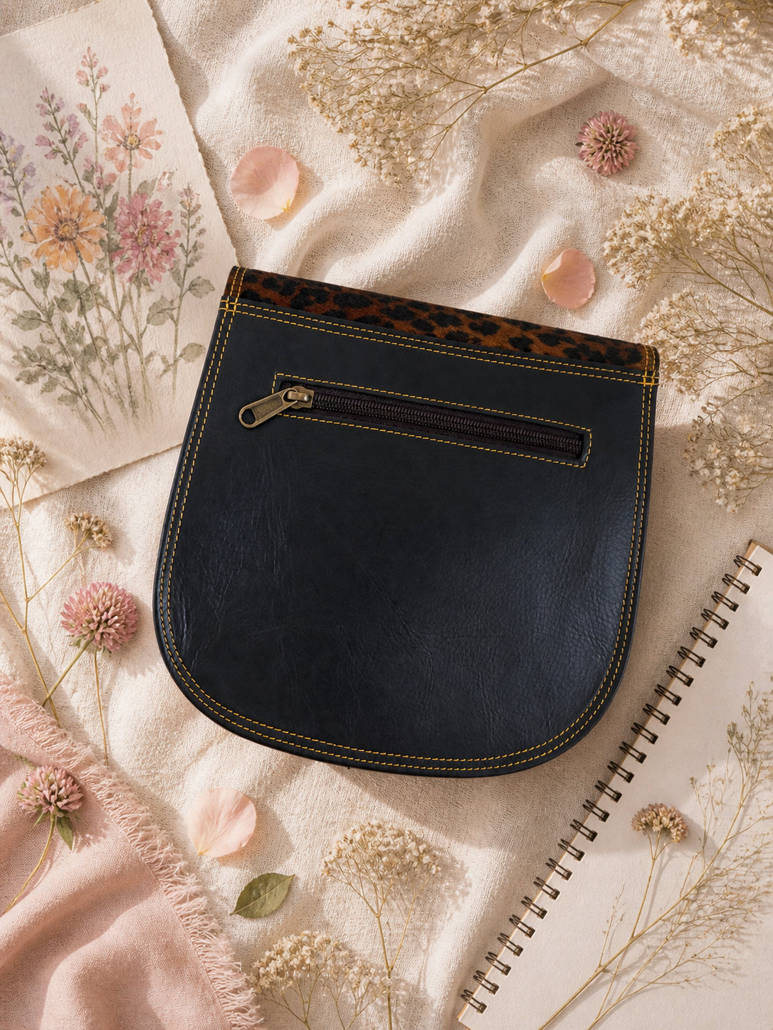 Handmade Leather Crossbody Bag - Romy - Painted Garden -Mimosa in vibrant colors with a leopard print flap.