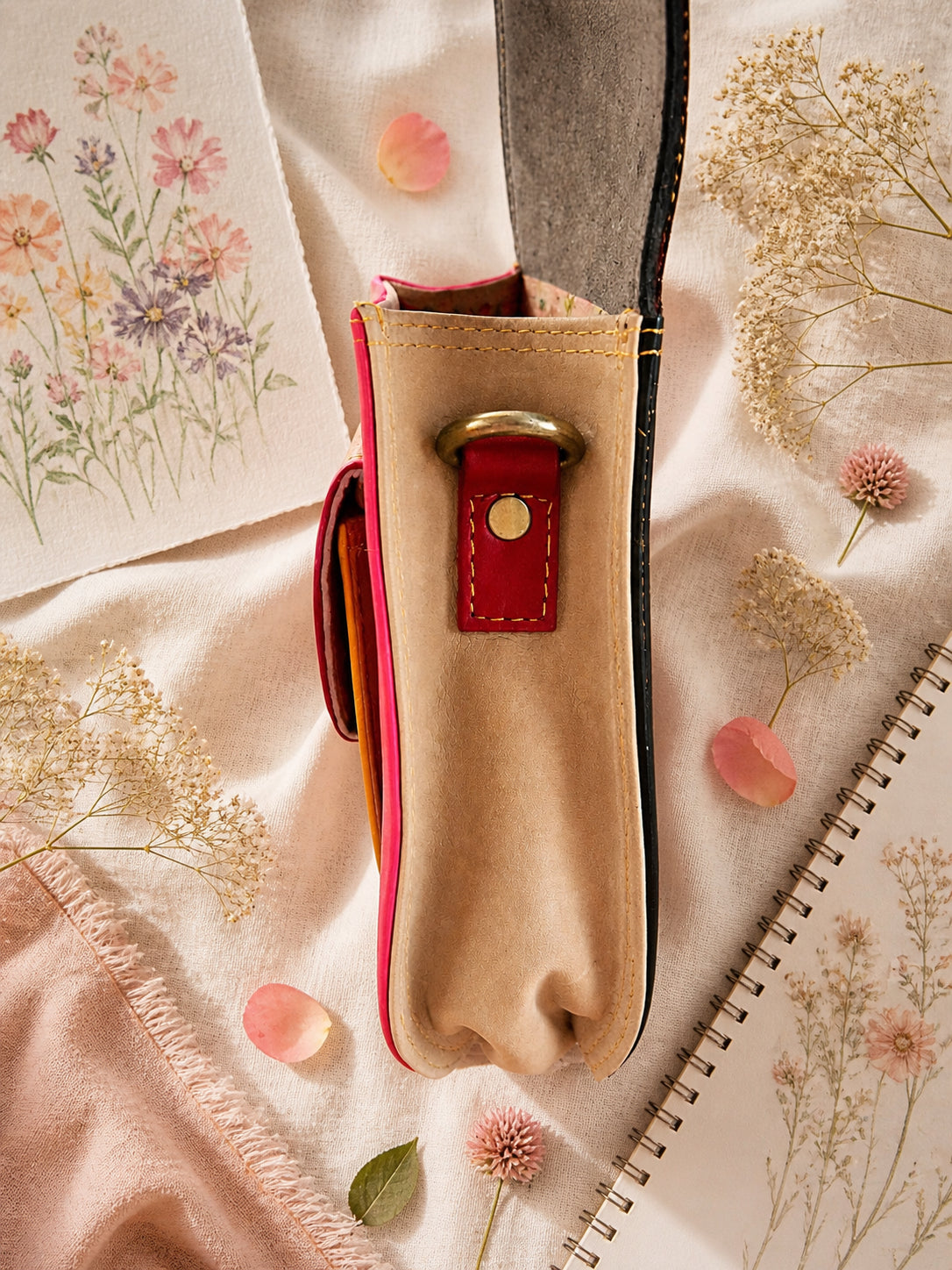 Handmade Leather Crossbody Bag - Romy - Painted Garden -Mimosa in vibrant colors with a leopard print flap.