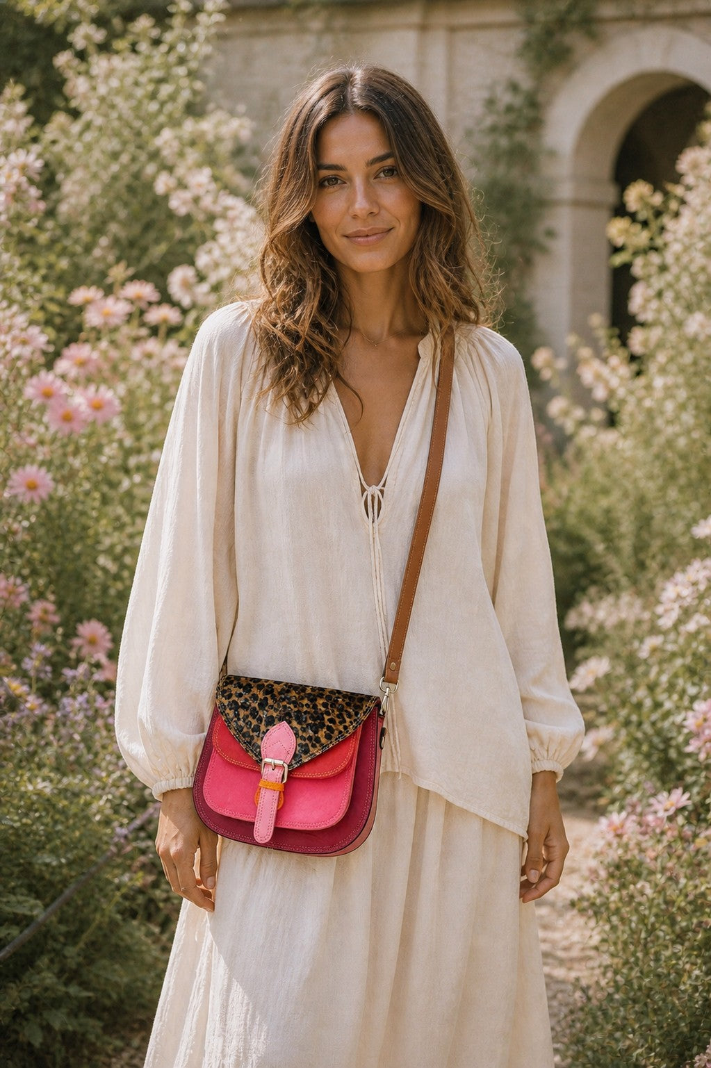 Handmade Leather Crossbody Bag featuring a vibrant pink and leopard print design, perfect for stylish everyday use.