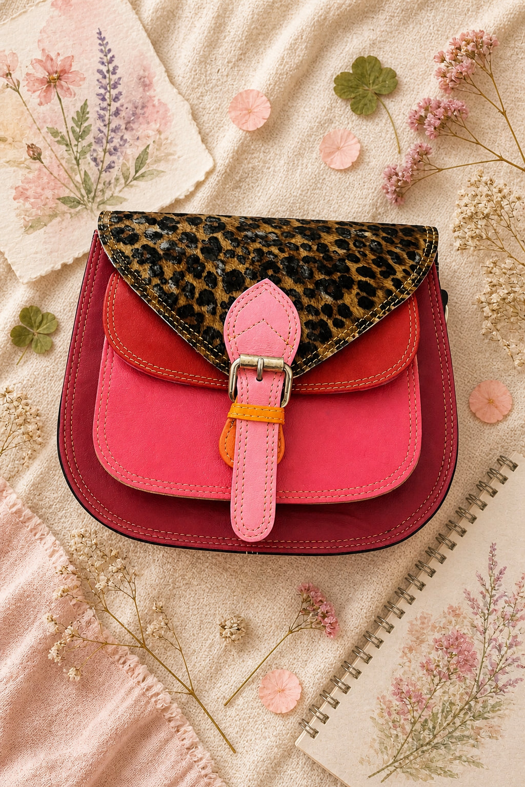 Handmade Leather Crossbody Bag featuring a vibrant pink and leopard print design, perfect for stylish everyday use.