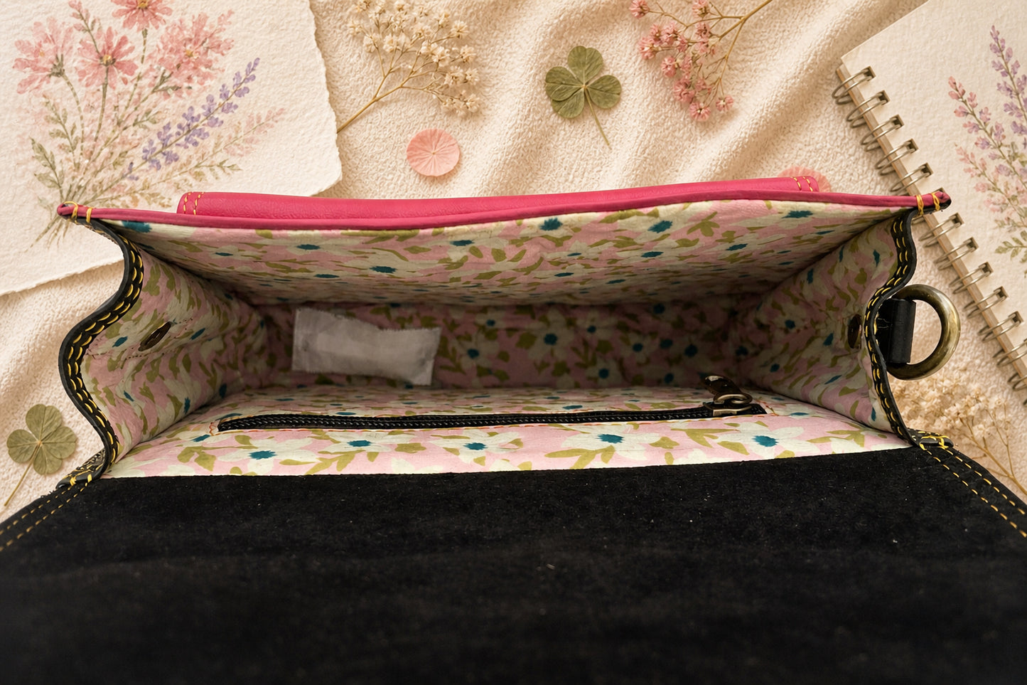 Handmade Leather Crossbody Bag featuring a vibrant pink and leopard print design, perfect for stylish everyday use.