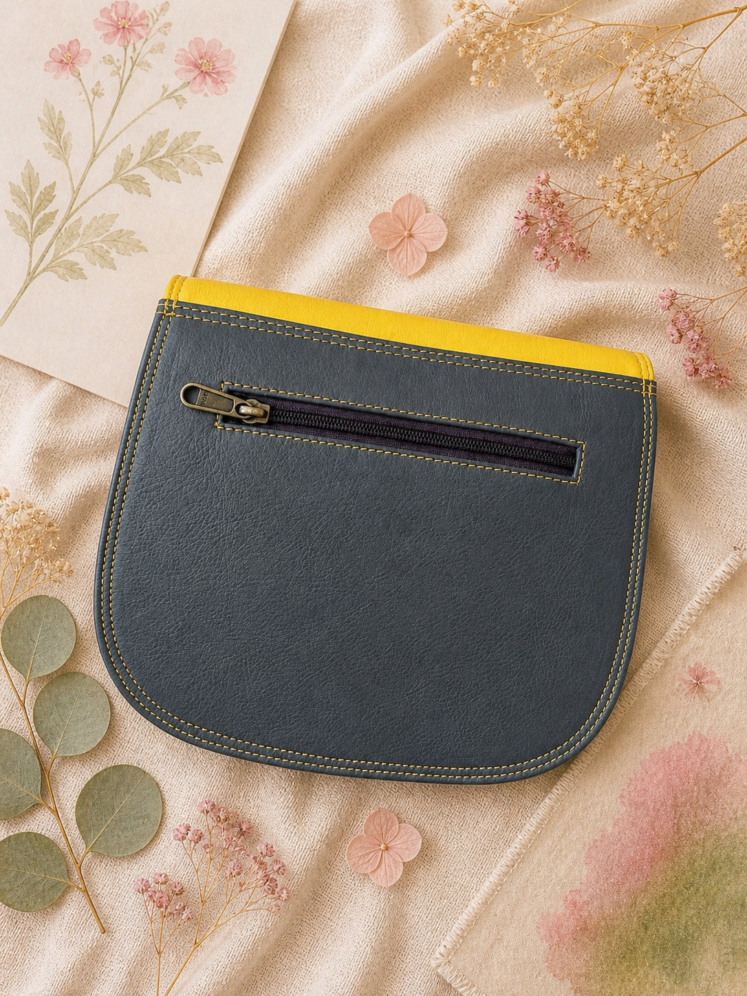 Handmade Leather Crossbody Bag - Romy - Painted Garden - Primrose in vibrant yellow and green leather with floral background.