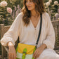 Handmade Leather Crossbody Bag - Romy - Painted Garden - Primrose in vibrant yellow and green leather with floral background.